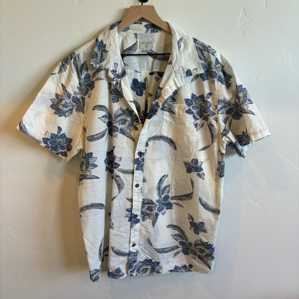 O'Neill Cotton Button Up White Crew Neck Blue Flowers Mens XL Hawaiian Shirt